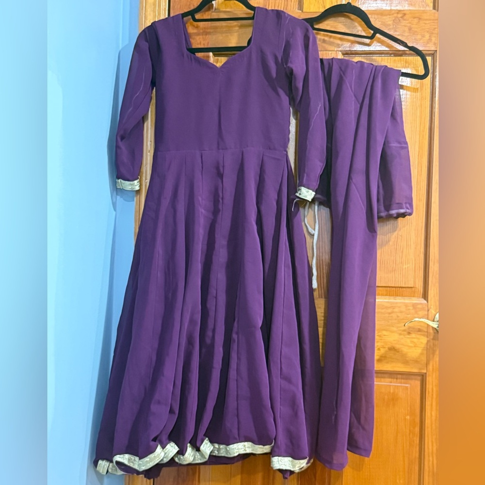 Purple Anarkali suit with Gold Trim and pajami